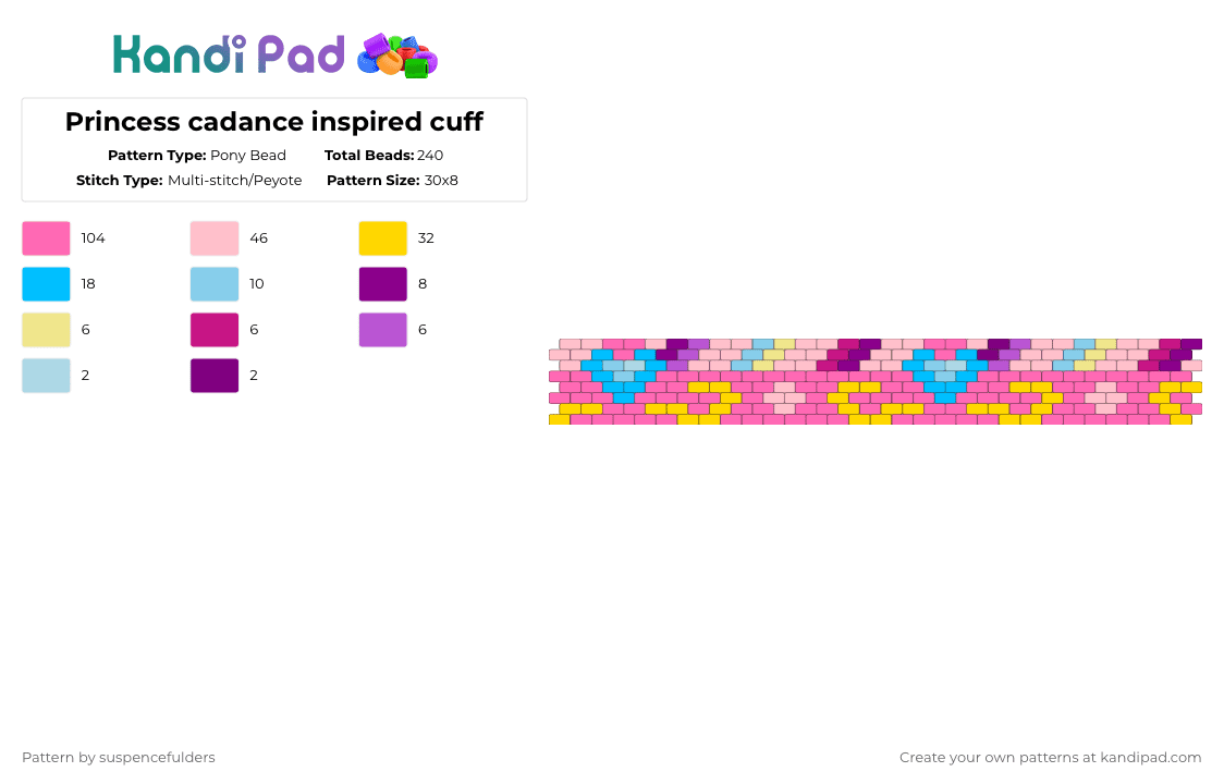 Princess cadance inspired cuff - Pony Bead Pattern by suspencefulders on Kandi Pad - pink,mlp,my little pony,princess cadance,heart