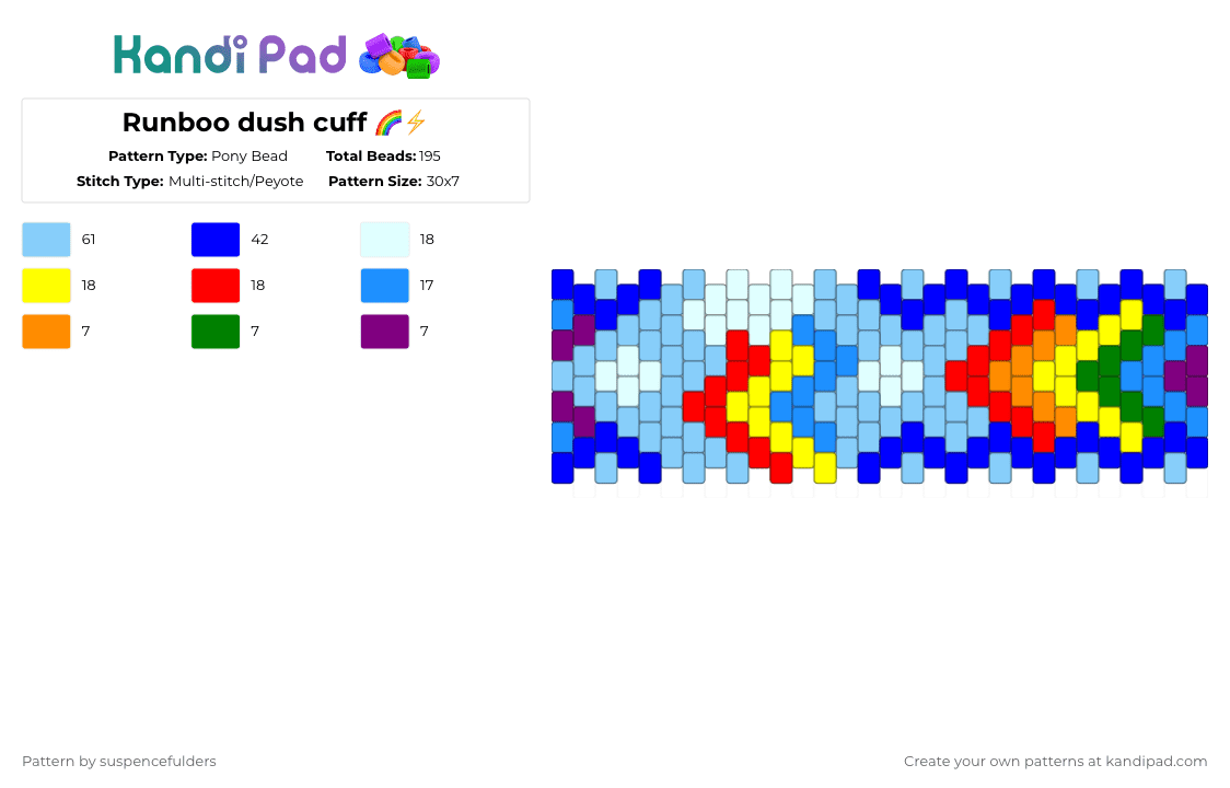 Runboo dush cuff 🌈⚡️ - Pony Bead Pattern by suspencefulders on Kandi Pad - purple,light blue,mlp,my little pony,rainbow dash,rainbow,blue,colorful