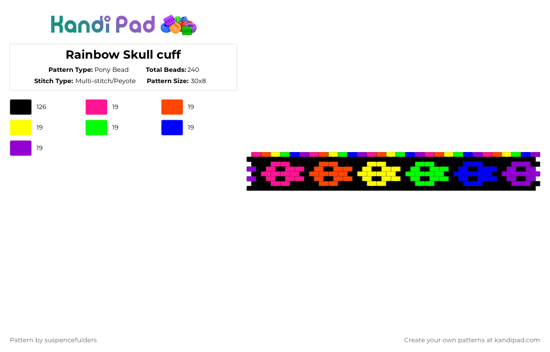 Rainbow Skull cuff - Pony Bead Pattern by suspencefulders on Kandi Pad - black,purple,rainbow,skull