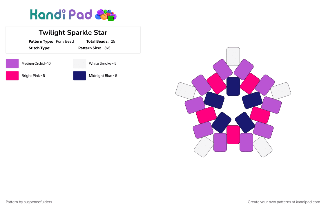 Twilight Sparkle Star - Pony Bead Pattern by suspencefulders on Kandi Pad - mlp, my little pony, pink, purple, twilight sparkle