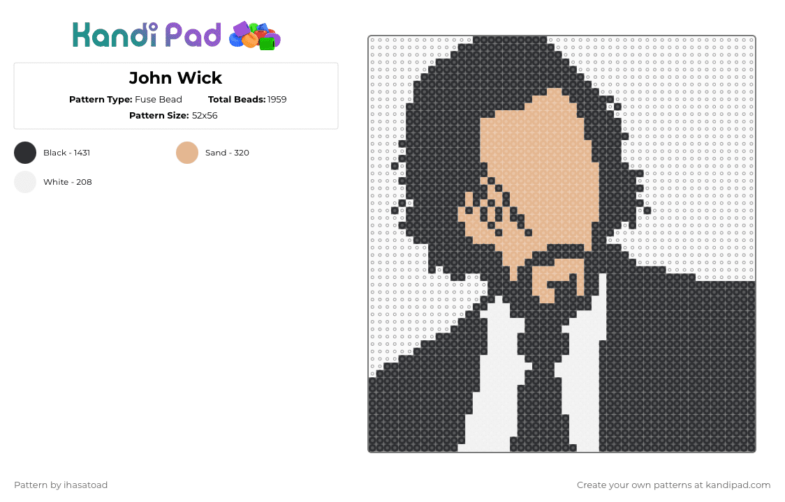 John Wick - Fuse Bead Pattern by ihasatoad on Kandi Pad - john wick,silhouette,keanu reeves,gun,portrait,movie,black,beige,white,action