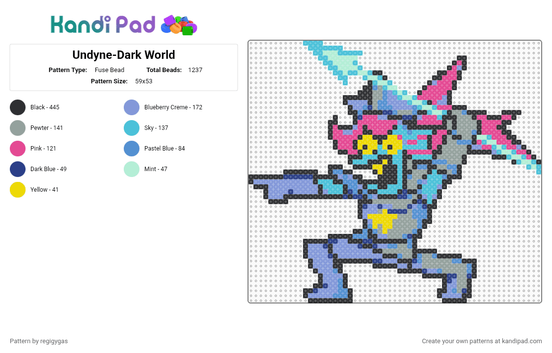 Undyne-Dark World - Fuse Bead Pattern by regigygas on Kandi Pad - light blue