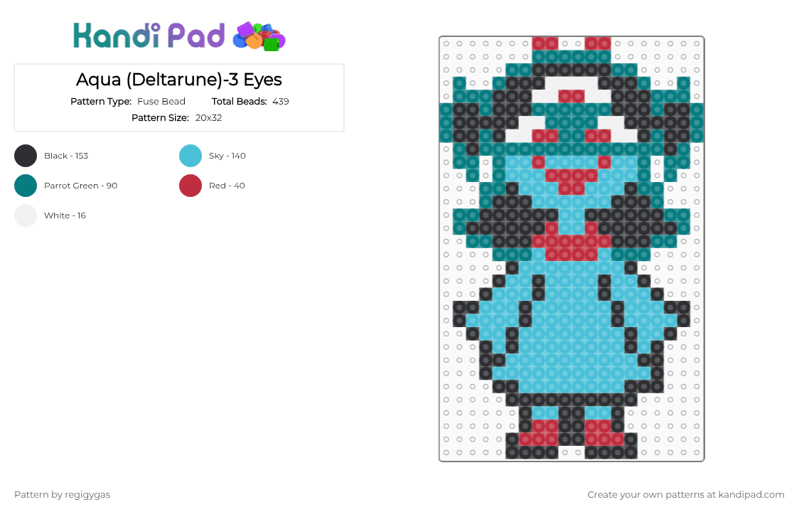 Aqua (Deltarune)-3 Eyes - Fuse Bead Pattern by regigygas on Kandi Pad - teal,light blue