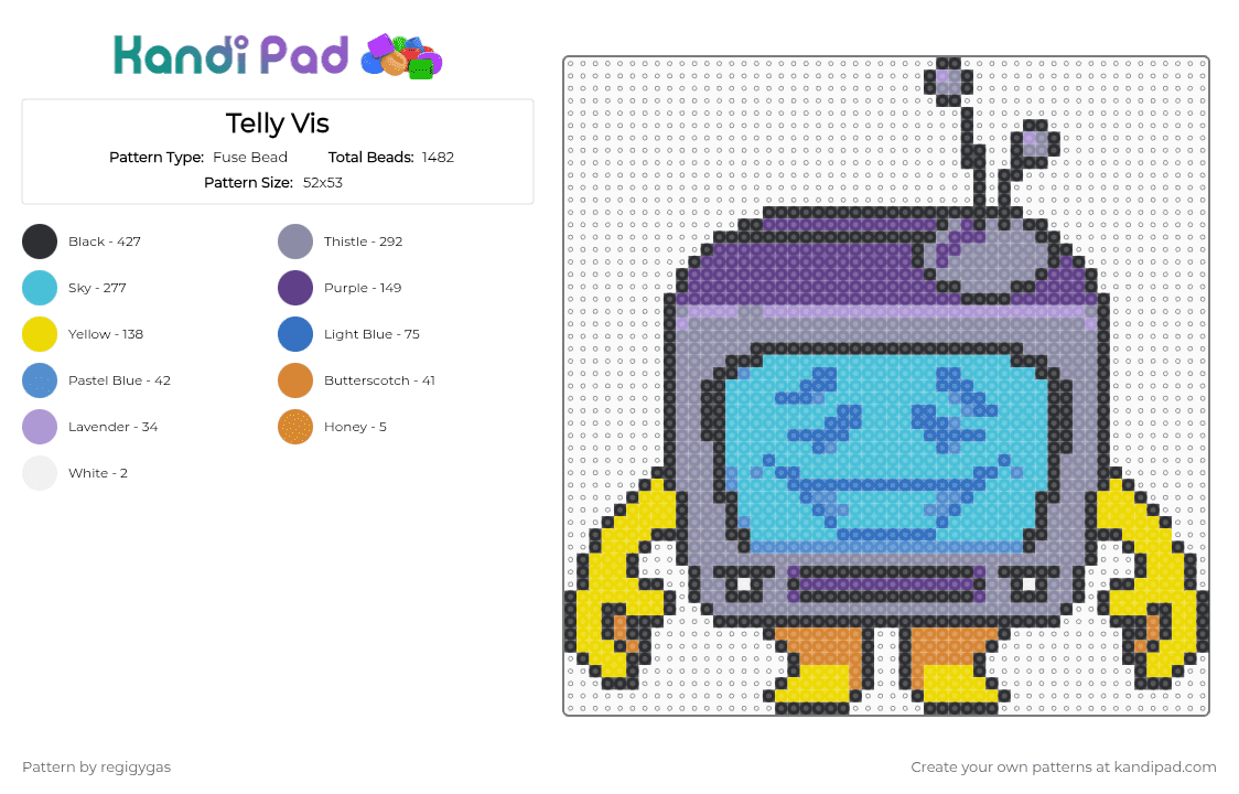 Telly Vis - Fuse Bead Pattern by regigygas on Kandi Pad - light blue,purple,gray,yellow