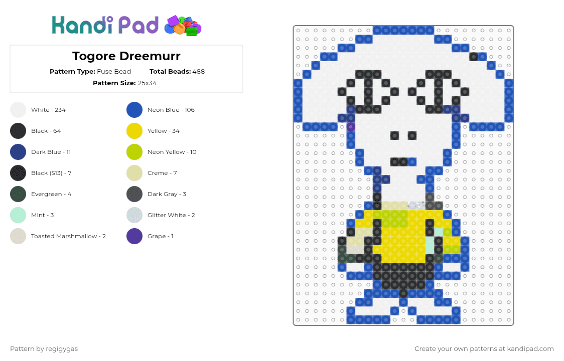 Togore Dreemurr - Fuse Bead Pattern by regigygas on Kandi Pad - white,blue,yellow
