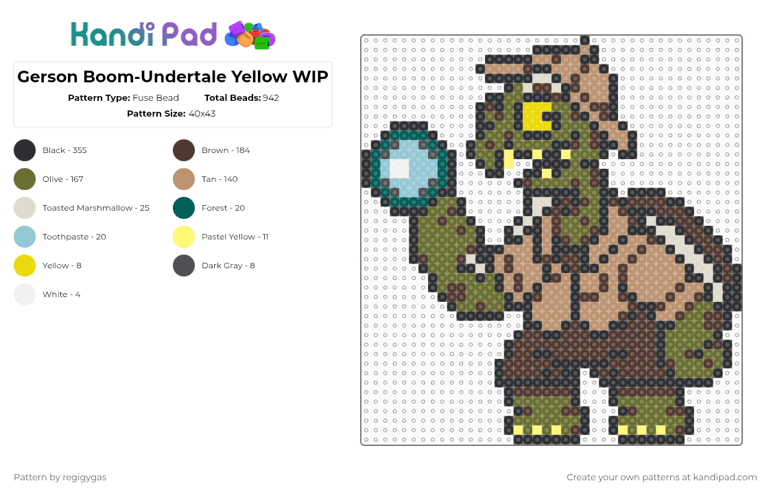Gerson Boom-Undertale Yellow WIP - Fuse Bead Pattern by regigygas on Kandi Pad - gold,beige,brown