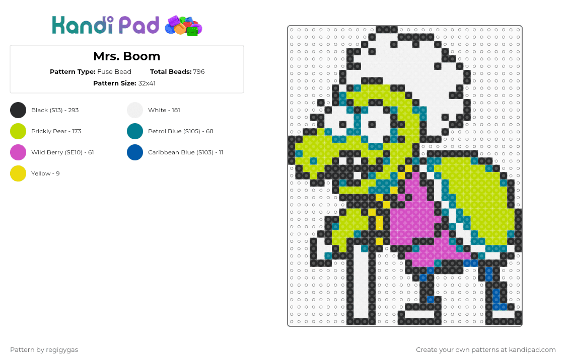 Mrs. Boom - Fuse Bead Pattern by regigygas on Kandi Pad - teal,green,pink