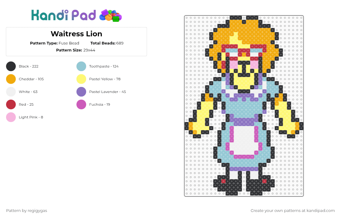 Waitress Lion - Fuse Bead Pattern by regigygas on Kandi Pad - yellow,light blue,orange