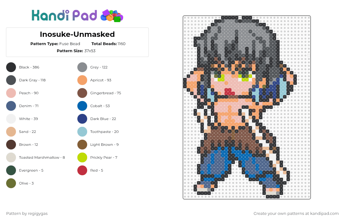 Inosuke-Unmasked - Fuse Bead Pattern by regigygas on Kandi Pad - gray,orange,blue,colorful