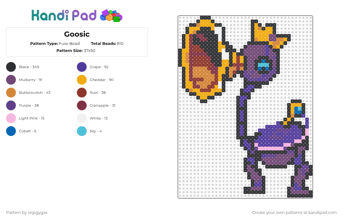 Goosic - Fuse Bead Pattern by regigygas on Kandi Pad - goosic,undertale,goose,animal,waterfowl,bird,gaming,video game,black,purple,orange,pink