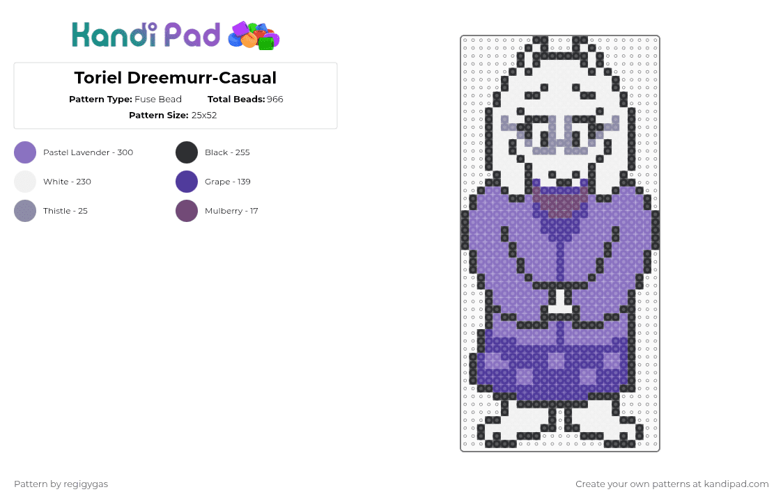 Toriel Dreemurr-Casual - Fuse Bead Pattern by regigygas on Kandi Pad - blue,purple