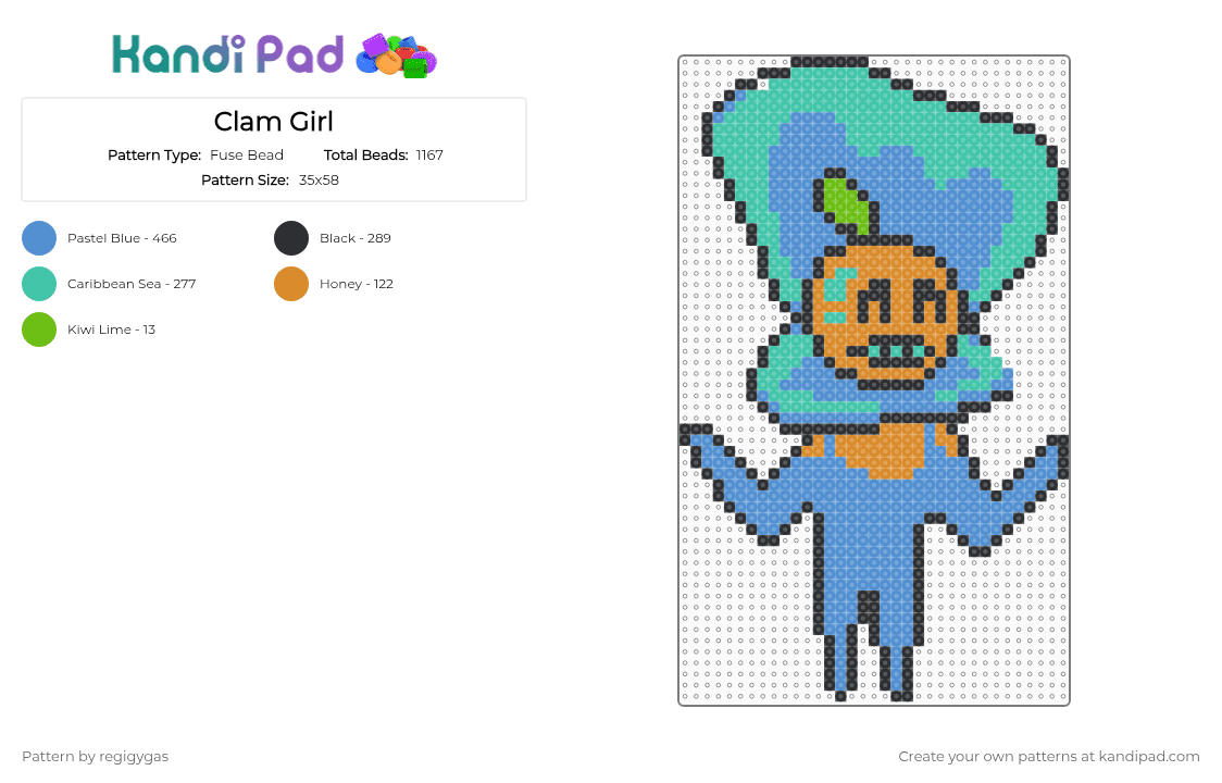 Clam Girl - Fuse Bead Pattern by regigygas on Kandi Pad - light blue, teal