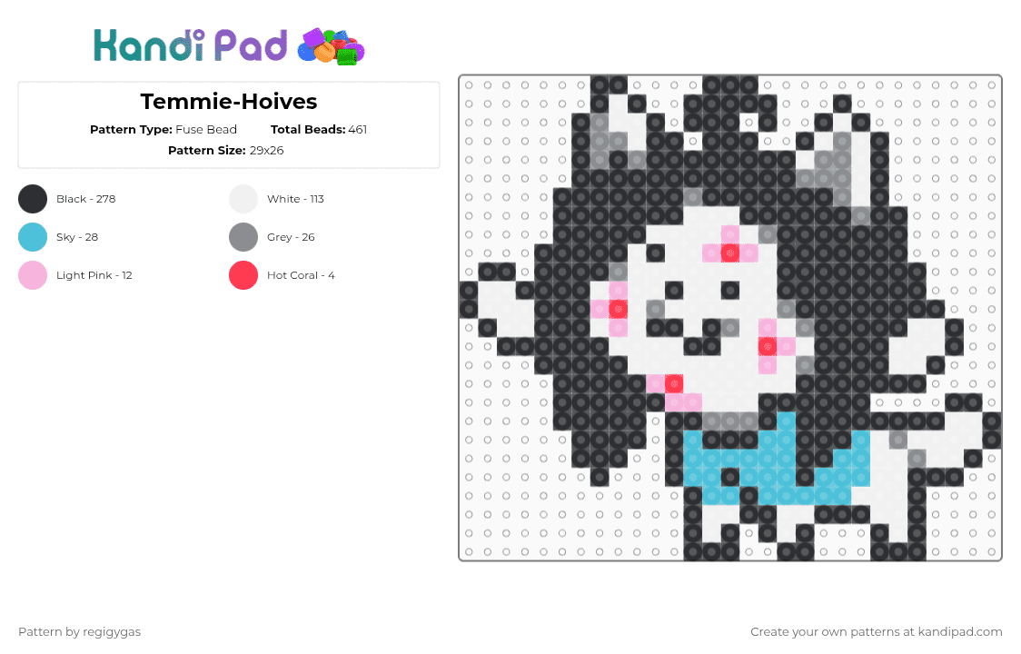 Temmie-Hoives - Fuse Bead Pattern by regigygas on Kandi Pad - black,white,gray,light blue