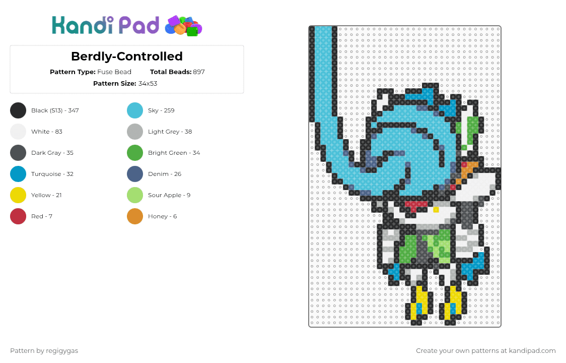 Berdly-Controlled - Fuse Bead Pattern by regigygas on Kandi Pad - light blue