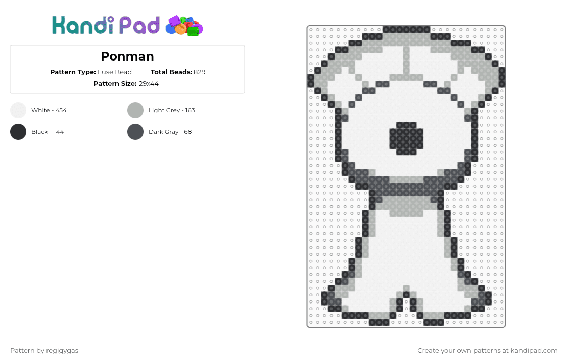 Ponman - Fuse Bead Pattern by regigygas on Kandi Pad - white,gray,beige