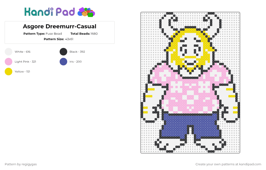 Asgore Dreemurr-Casual - Fuse Bead Pattern by regigygas on Kandi Pad - pink