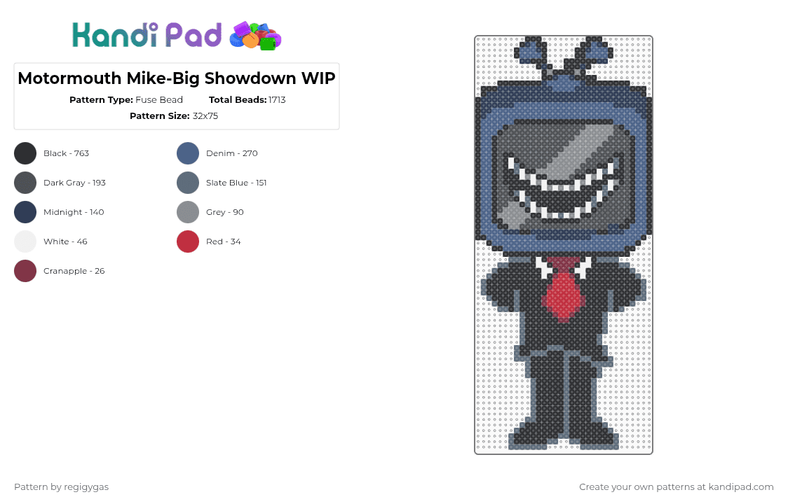 Motormouth Mike-Big Showdown - Fuse Bead Pattern by regigygas on Kandi Pad - black,gray,blue