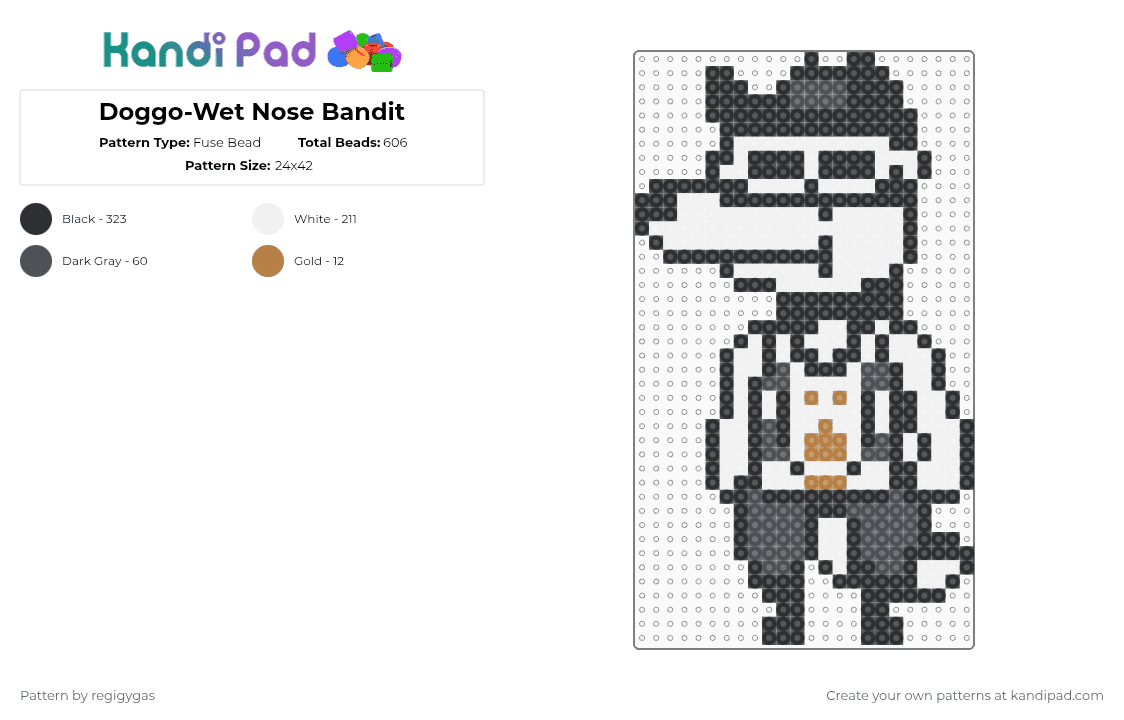 Doggo-Wet Nose Bandit - Fuse Bead Pattern by regigygas on Kandi Pad - white,gray