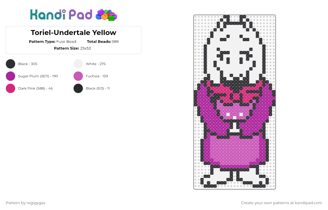Toriel-Undertale Yellow - Fuse Bead Pattern by regigygas on Kandi Pad - white,pink