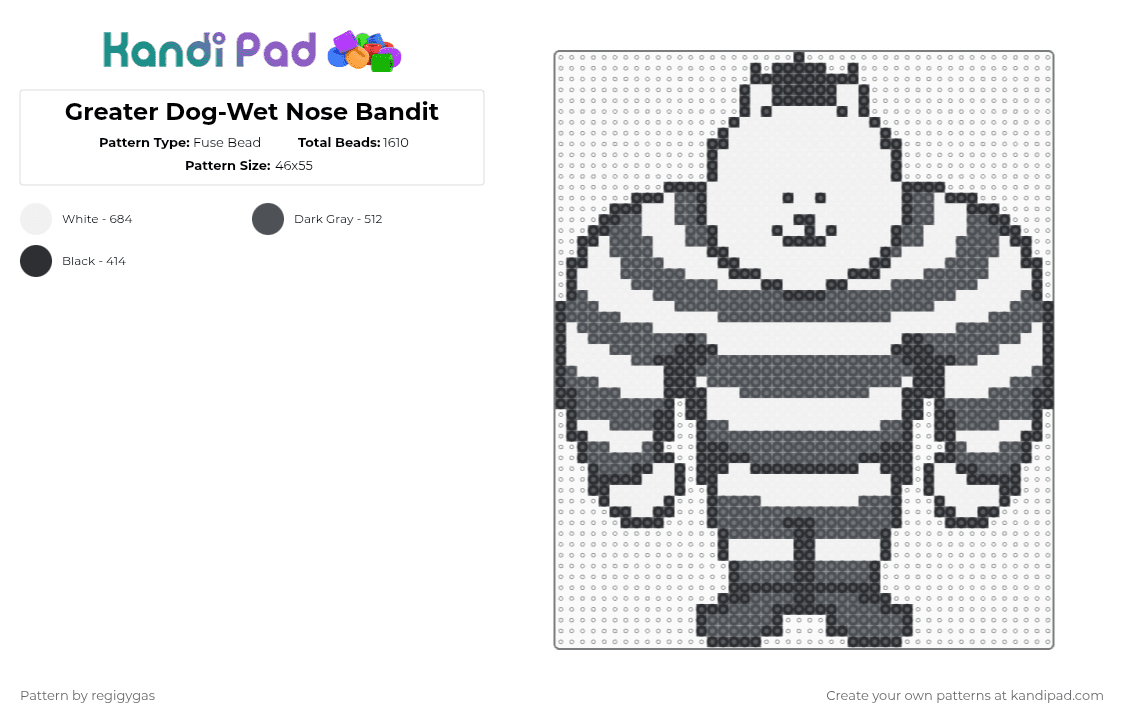 Greater Dog-Wet Nose Bandit - Fuse Bead Pattern by regigygas on Kandi Pad - white,gray