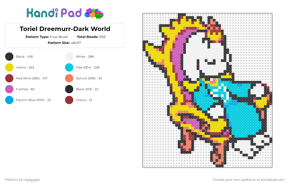 Toriel Dreemurr-Dark World - Fuse Bead Pattern by regigygas on Kandi Pad - toriel dreemurr,undertale,character,toriel,dreemurr,dark world,video game,game,gaming,yellow,light blue
