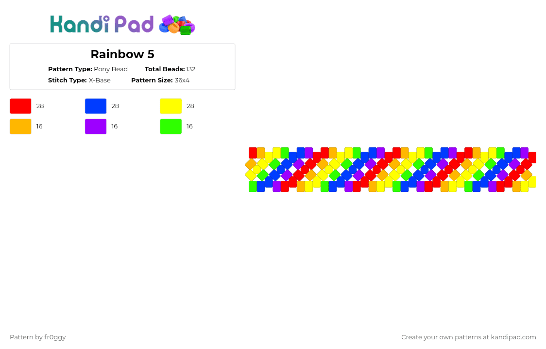 Rainbow 5 - Pony Bead Pattern by fr0ggy on Kandi Pad - red,blue,yellow,rainbow,x base,orange,green,purple