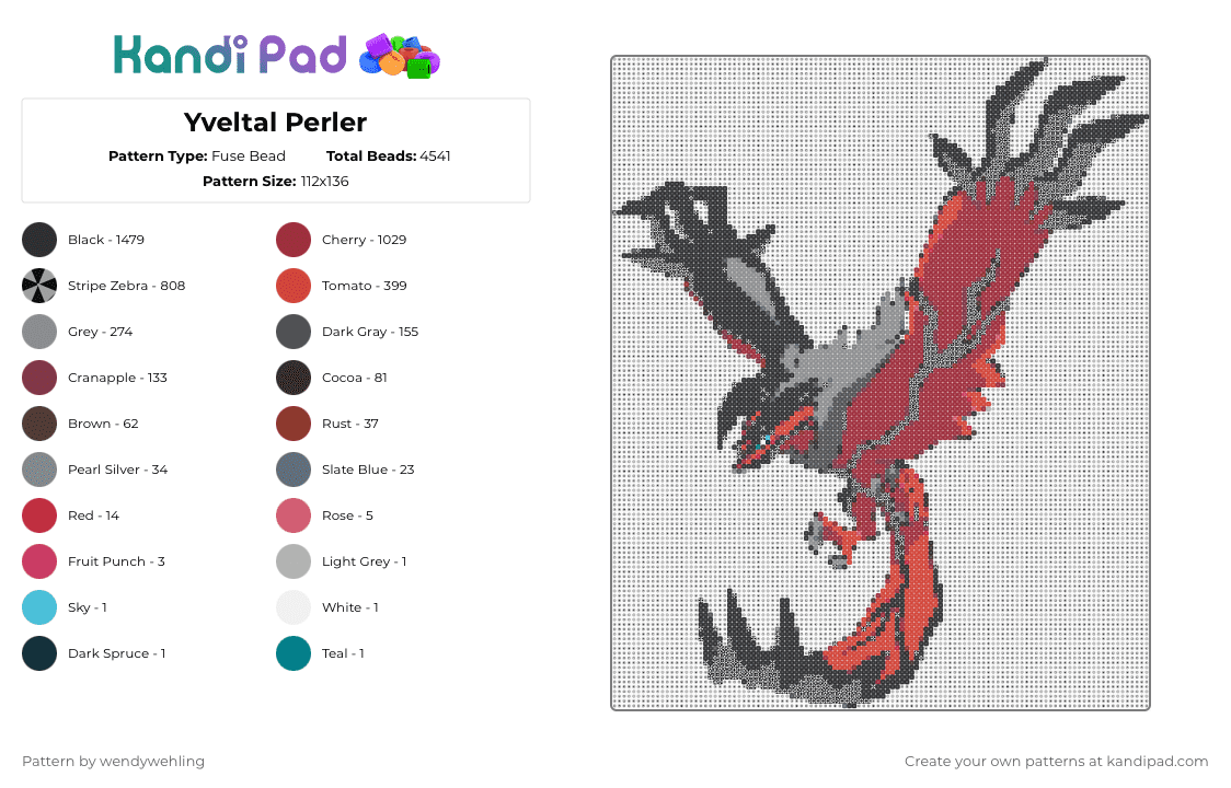 Yveltal Perler - Fuse Bead Pattern by wendywehling on Kandi Pad - black,gray,red