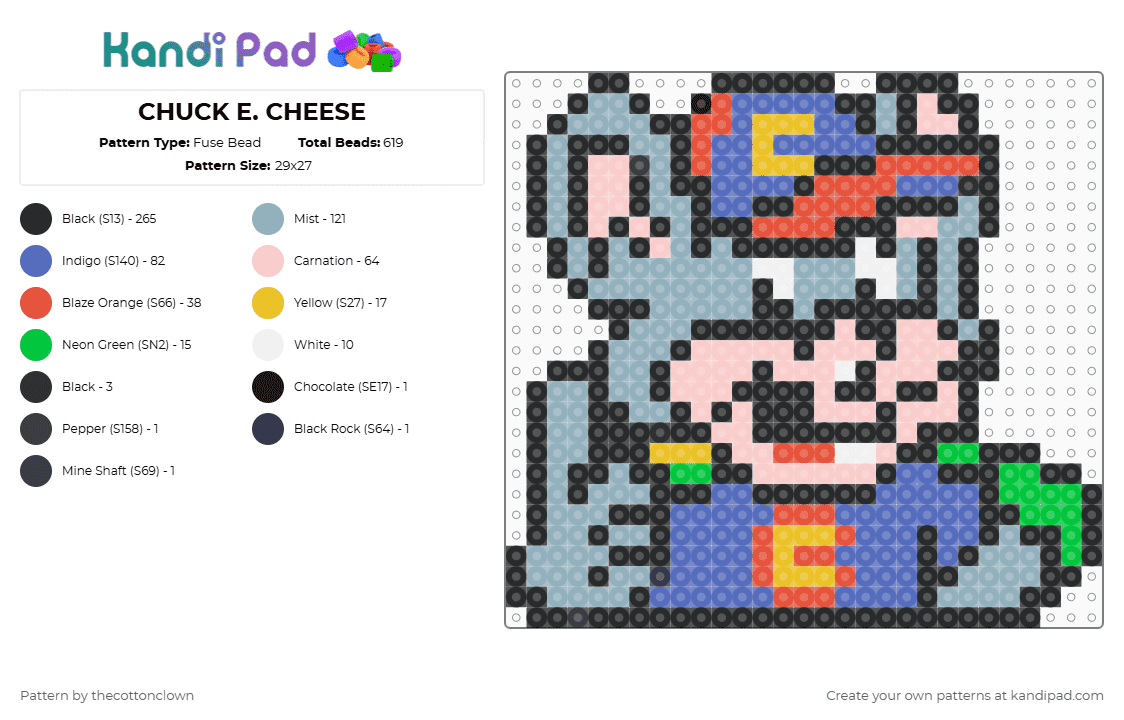 CHUCK E. CHEESE - Fuse Bead Pattern by thecottonclown on Kandi Pad - black,light blue,blue,beige,colorful