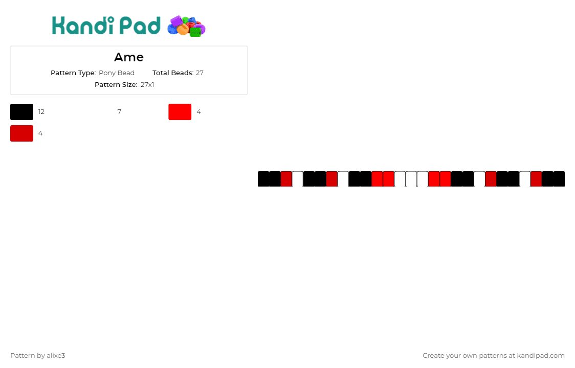 Ame - Pony Bead Pattern by alixe3 on Kandi Pad - single,bracelet,cuff,geometric,red,black,bold,easy,beginner,intermediate