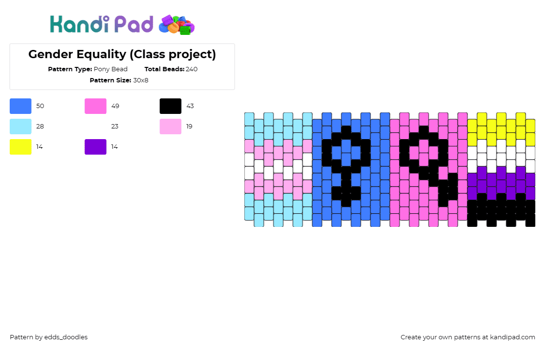 Gender Equality (Class project) - Pony Bead Pattern by edds_doodles on Kandi Pad - gender,pride,cuff,colorful,meaningful,inclusivity,diversity,class project,blue,p