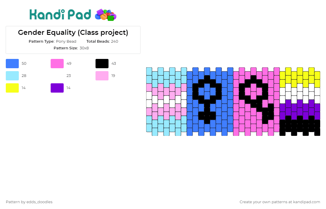 Gender Equality (Class project) - Pony Bead Pattern by edds_doodles on Kandi Pad - gender,pride,cuff,colorful,meaningful,inclusivity,diversity,class project,blue,pink