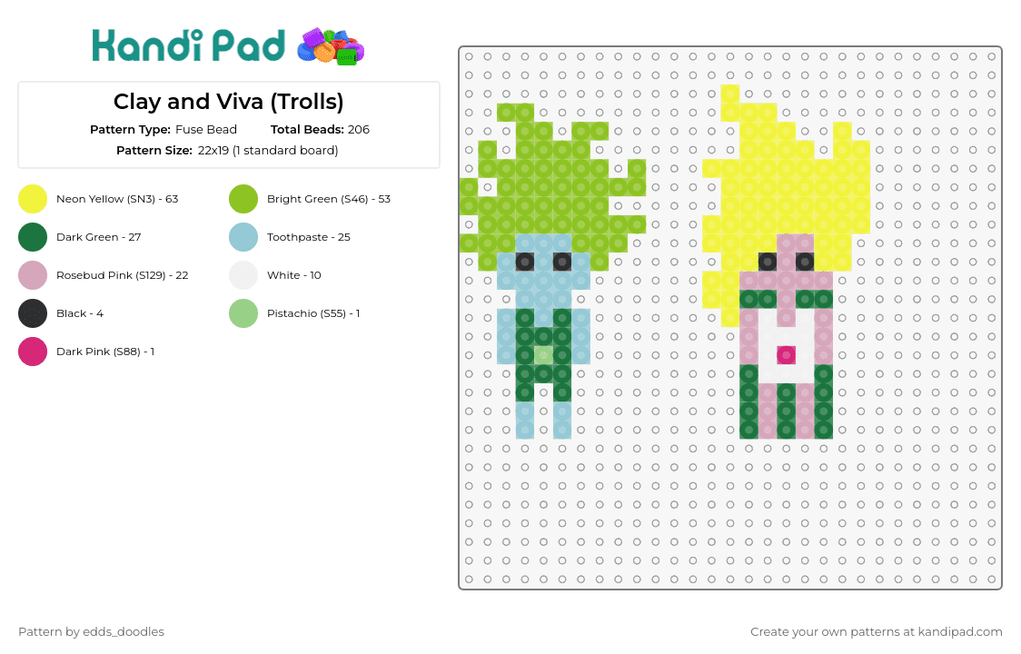 Clay and Viva (Trolls) - Fuse Bead Pattern by edds_doodles on Kandi Pad - clay,viva,trolls,animated,playful,characters,series,fun,whimsical,green,yellow