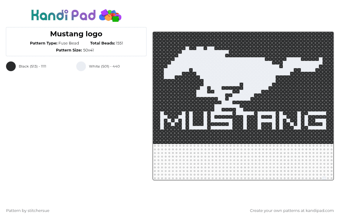 Mustang logo - Fuse Bead Pattern by stitchersue on Kandi Pad - white,black,cars,mustang,logo,ford