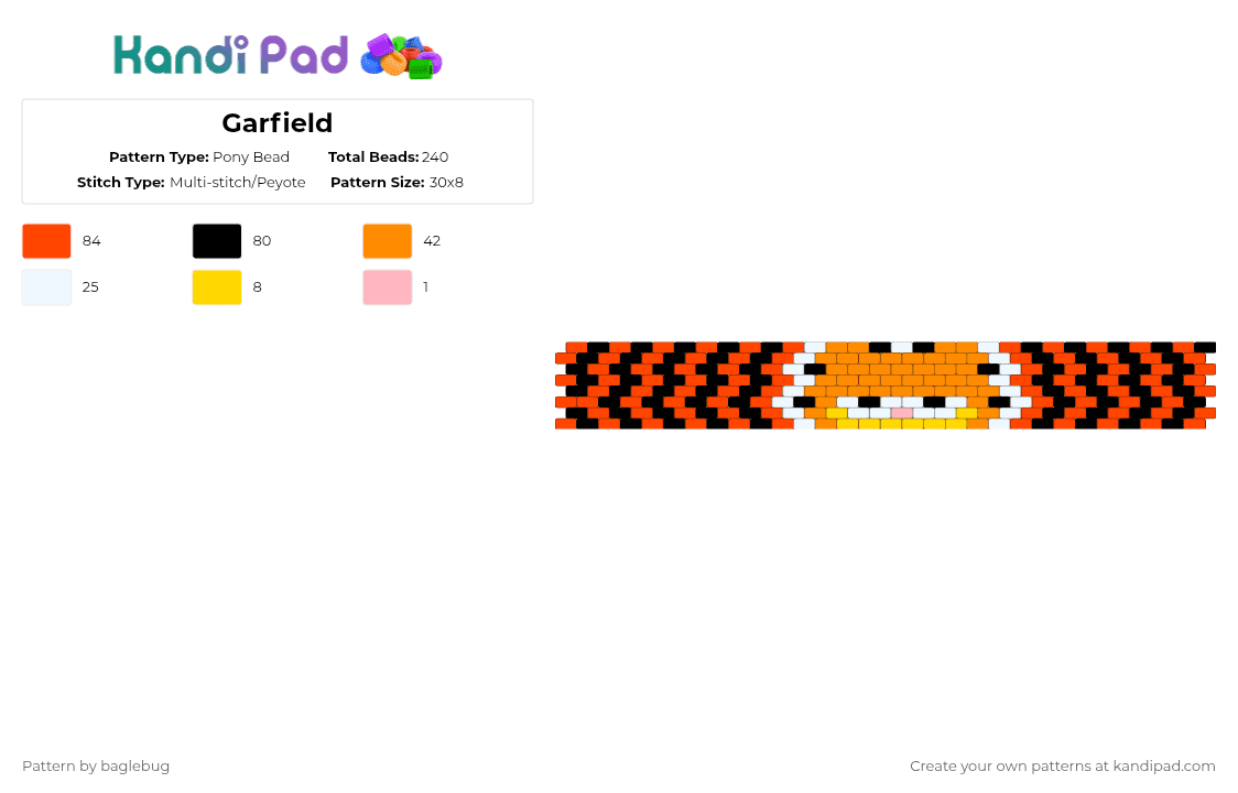 Garfield - Pony Bead Pattern by baglebug on Kandi Pad - orange,red