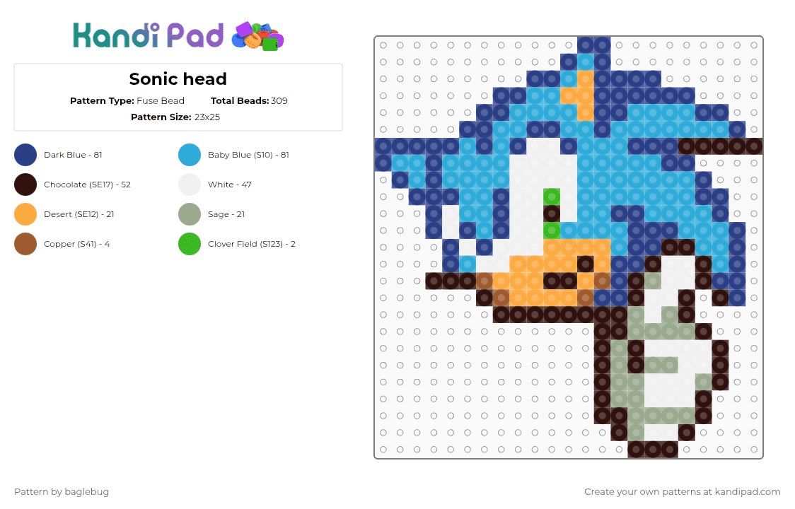Sonic head - Fuse Bead Pattern by baglebug on Kandi Pad - blue,light blue,brown