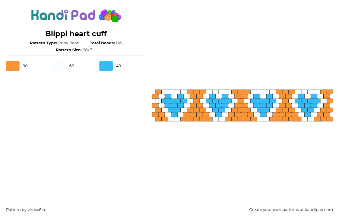 Blippi heart cuff - Pony Bead Pattern by virusc64e on Kandi Pad - blippi,hearts,cuff,vibrant,wear,enthusiasm,wrist,wearable,orange,blue