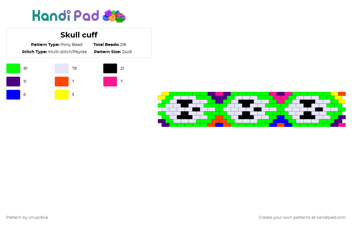 Skull cuff - Pony Bead Pattern by virusc64e on Kandi Pad - skulls,neon,glow,cuff,green