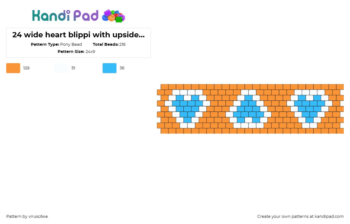 24 wide heart blippi with upside down - Pony Bead Pattern by virusc64e on Kandi Pad - blippi,hearts,cuff,series,engaging,educational,character,pattern,blue,orange