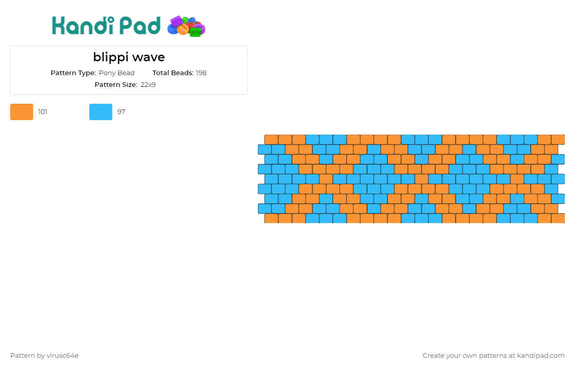 blippi wave - Pony Bead Pattern by virusc64e on Kandi Pad - blippi,diamond,geometric,cuff,wavy,playful,eye-catching,sophisticated,pattern,blue,orange