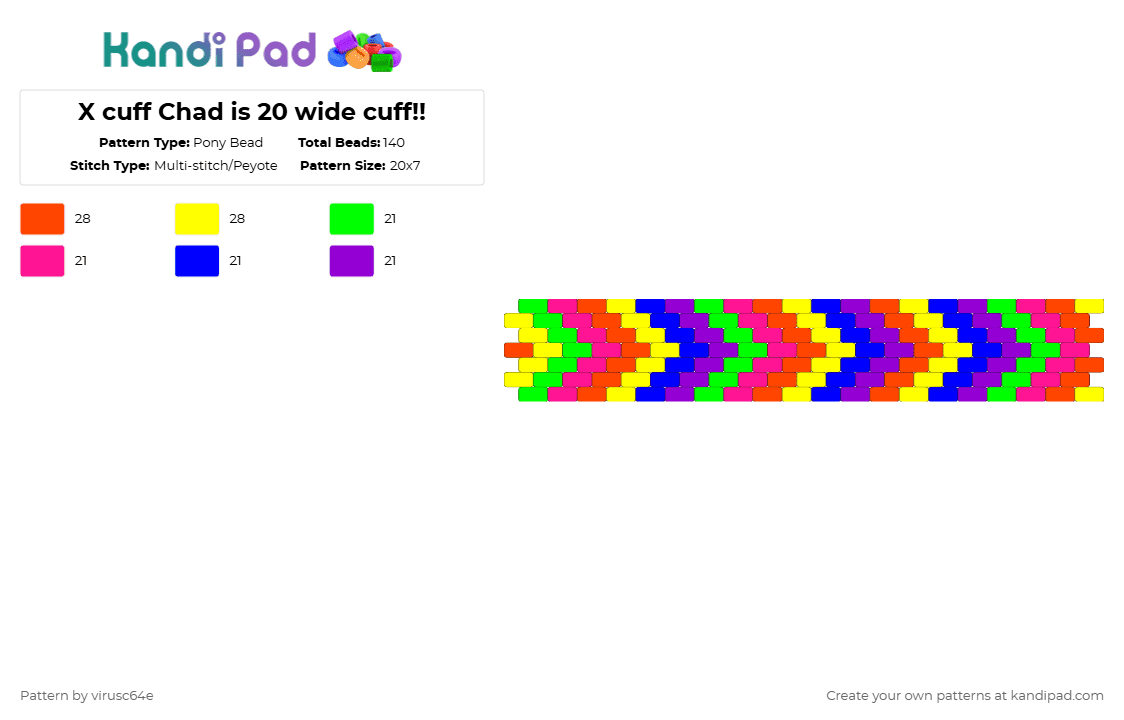 X cuff Chad is 20 wide cuff!! - Pony Bead Pattern by virusc64e on Kandi Pad - red,yellow,purple