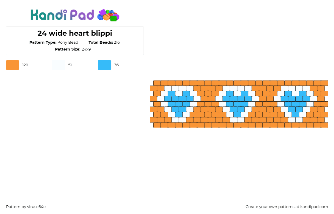 24 wide heart blippi - Pony Bead Pattern by virusc64e on Kandi Pad - blippi,hearts,cuff,playful,educational,stylish,sequence,pattern,blue,orange