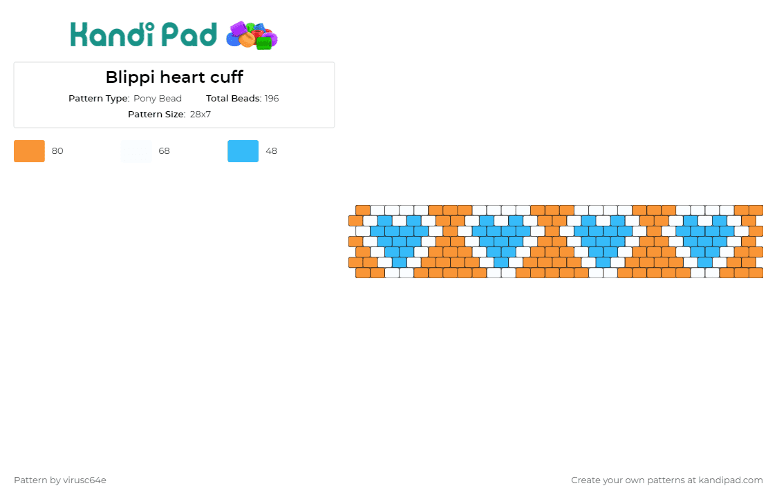 Blippi heart cuff - Pony Bead Pattern by virusc64e on Kandi Pad - blippi,hearts,cuff,vibrant,fans,wear,enthusiasm,wrist,wearable,orange,blue