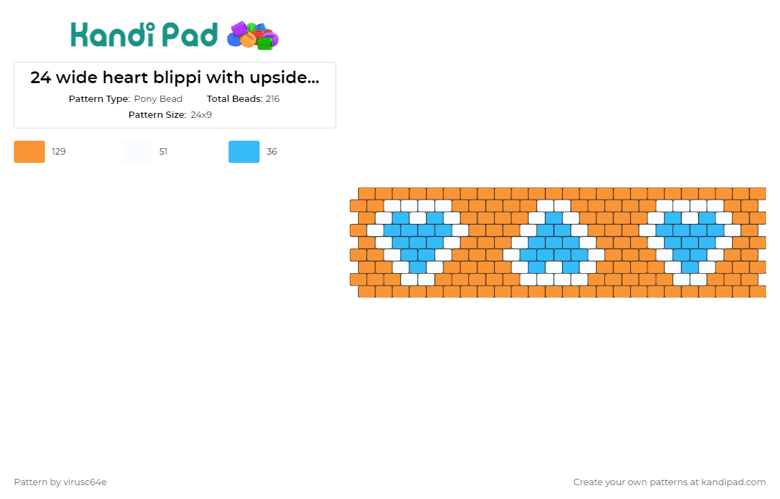 24 wide heart blippi with upside down - Pony Bead Pattern by virusc64e on Kandi Pad - blippi,hearts,cuff,series,engaging,fun,educational,character,pattern,blue,orange