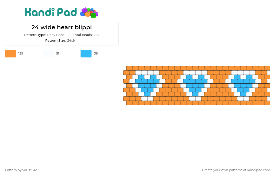 24 wide heart blippi - Pony Bead Pattern by virusc64e on Kandi Pad - blippi,hearts,cuff,playful,educational,stylish,sequence,charming,pattern,blue,orange