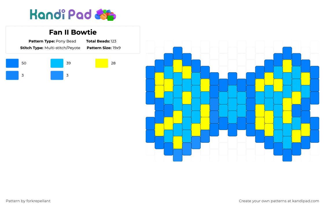 Fan II Bowtie - Pony Bead Pattern by forkrepellant on Kandi Pad - yellow,light blue,animation,inanimate insanity,ii,osc