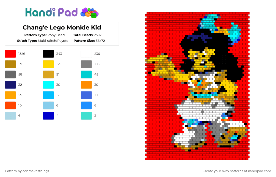 Chang\'e Lego Monkie Kid - Pony Bead Pattern by conmakesthingz on Kandi Pad - red,change,blue,white,orange,lego monkie kid,monkie kid,panel