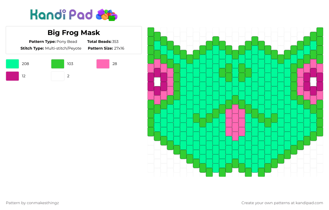 Big Frog Mask - Pony Bead Pattern by conmakesthingz on Kandi Pad - frog,amphibian,animal,teal,green,pink,mask,panel
