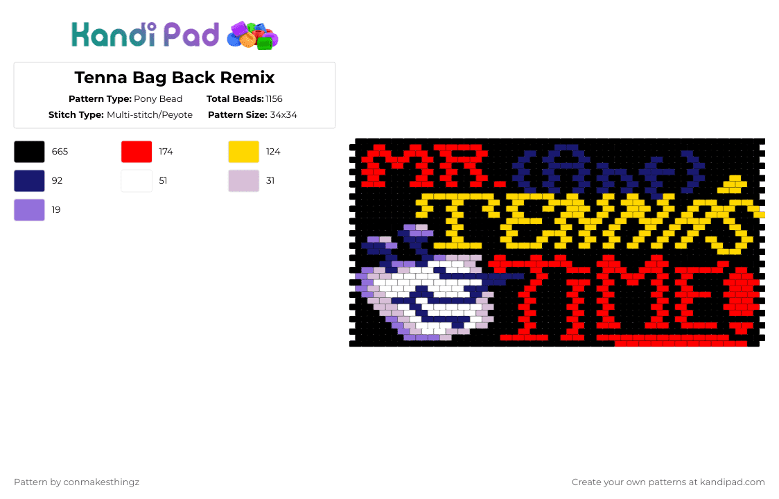 Tenna Bag Back Remix - Pony Bead Pattern by conmakesthingz on Kandi Pad - black,red,purple,yellow