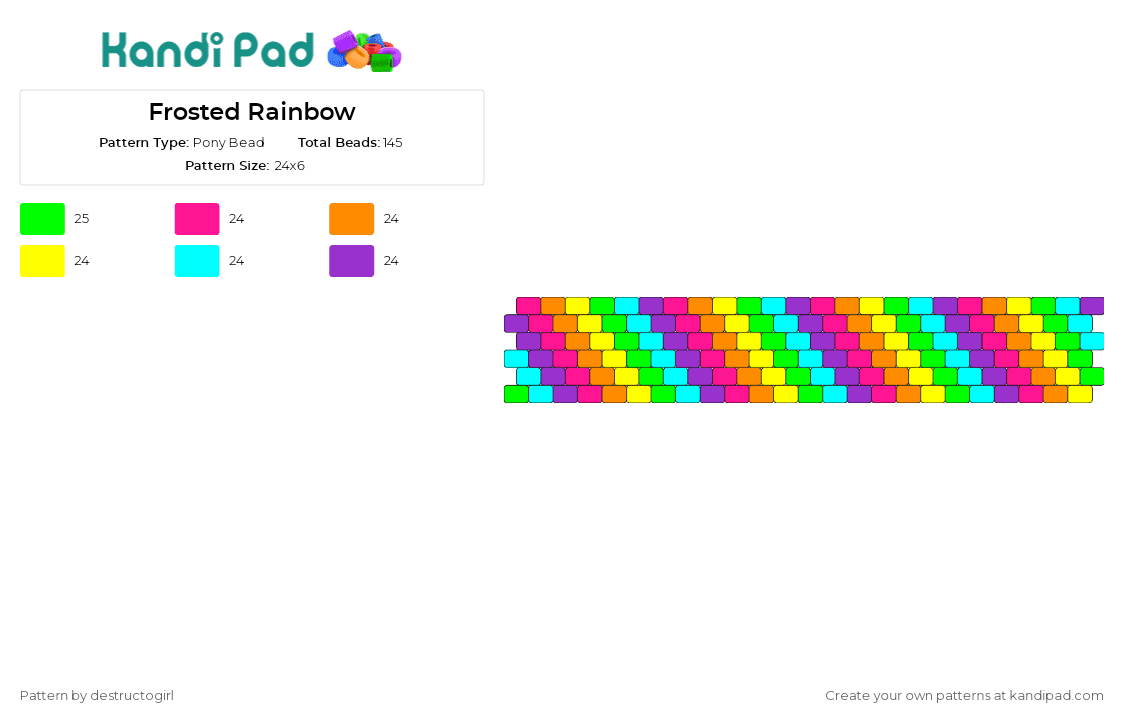 Frosted Rainbow - Pony Bead Pattern by destructogirl on Kandi Pad - neon,rainbow,bright,diagonal,stripes,colorful,cuff