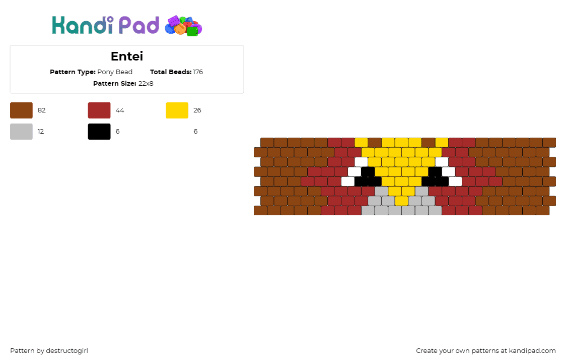 Entei - Pony Bead Pattern by destructogirl on Kandi Pad - entei,pokemon,cuff,fiery,spirit,legendary,beast,brown